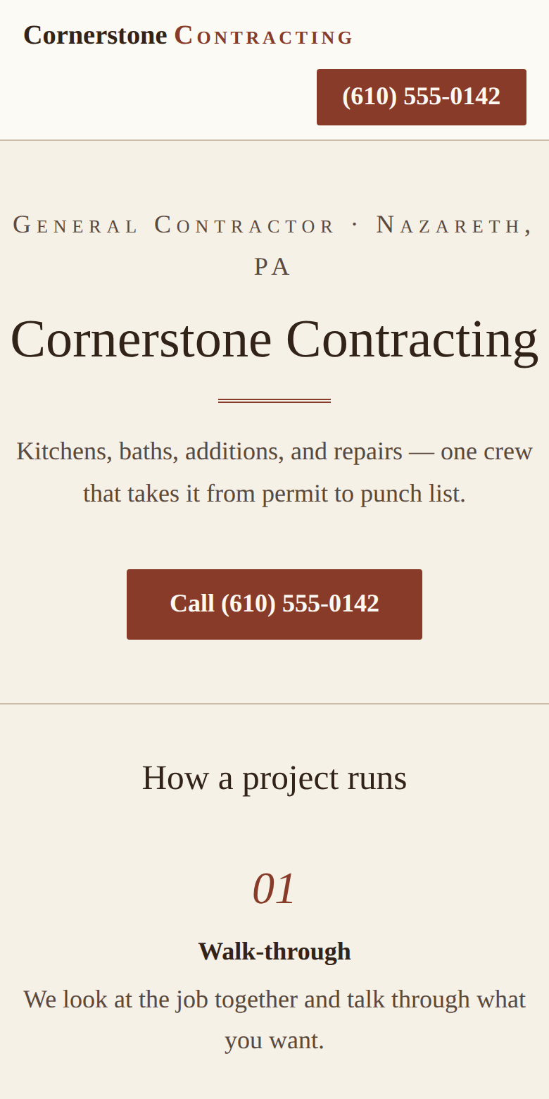 Phone screenshot of the Cornerstone Contracting concept homepage: cream background, classic serif headline, brick-red call button, double-rule ornament