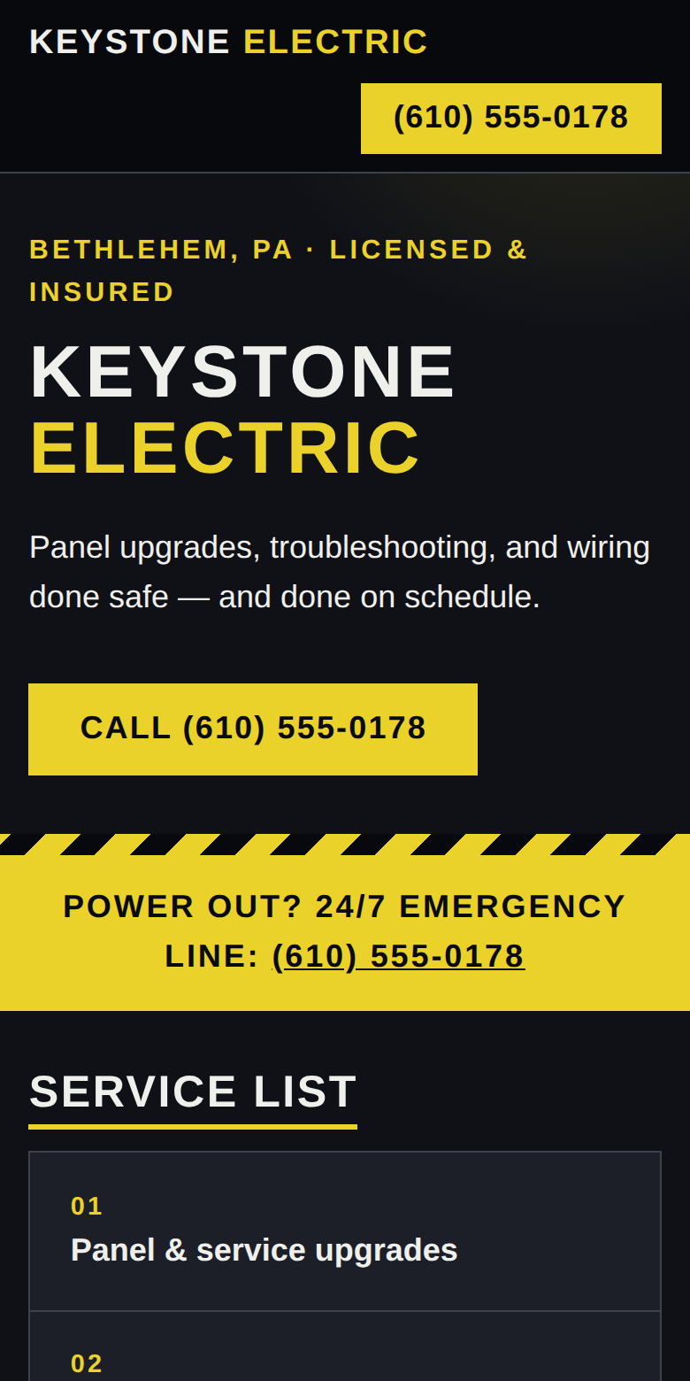 Phone screenshot of the Keystone Electric concept homepage: dark steel background, volt-yellow headline and call button, hazard-stripe divider, 24/7 emergency banner